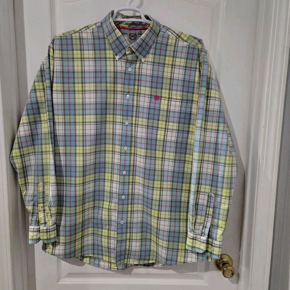 Cinch Men's Long Sleeve Button-Up XL Green, Blue, Pink Plaid Chest 52 Length 32